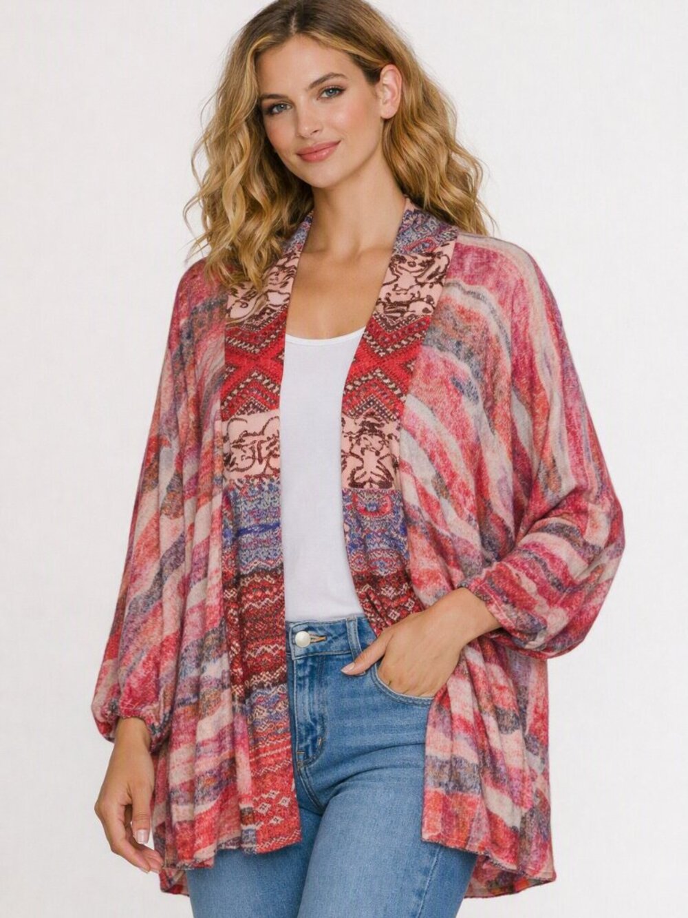 Umgee Open Knit Cardigan M/L Pink Brown Oversized Boho Lightweight